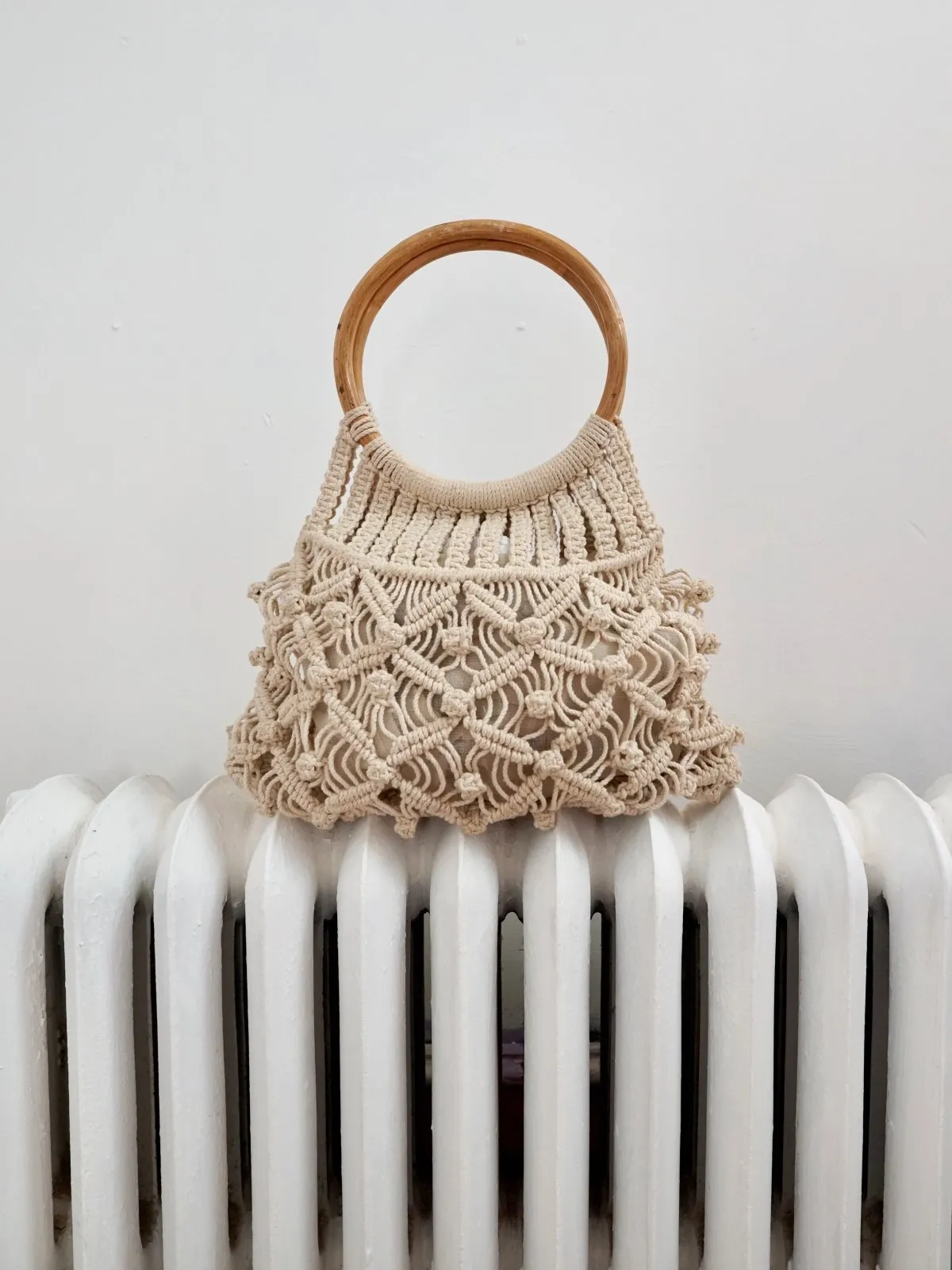 Vintage Macrame Wood Handle Tote Bag