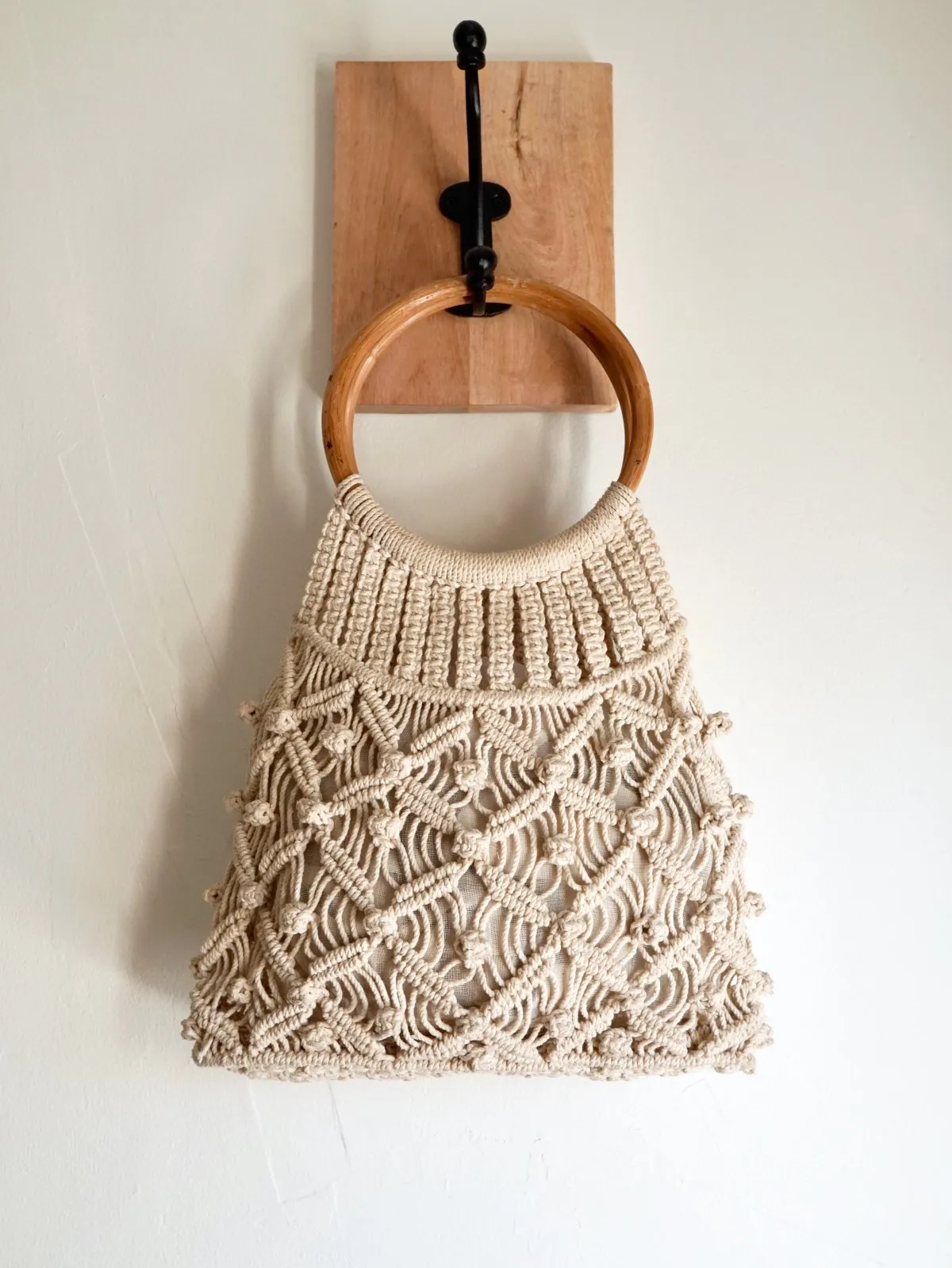 Vintage Macrame Wood Handle Tote Bag