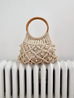Vintage Macrame Wood Handle Tote Bag