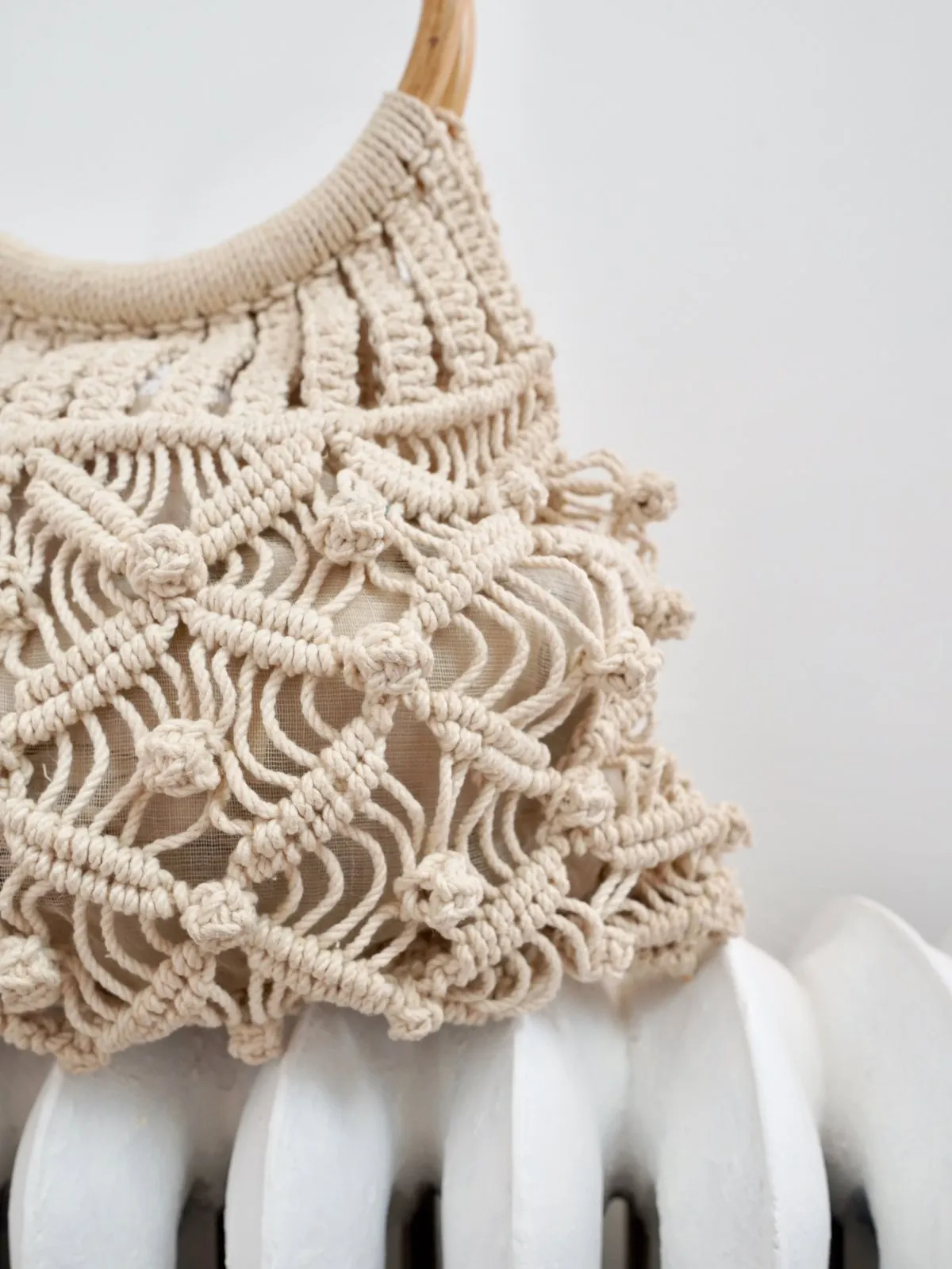 Vintage Macrame Wood Handle Tote Bag