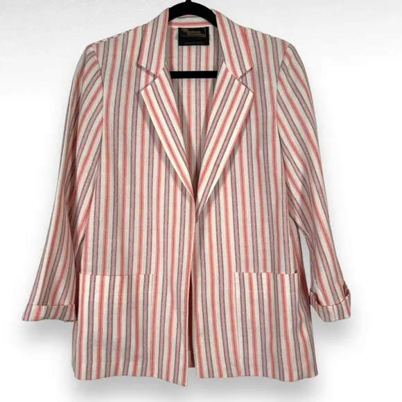 Vintage Striped Linen Blazer Pink White Blue Pastel Preppy Coastal Size Medium