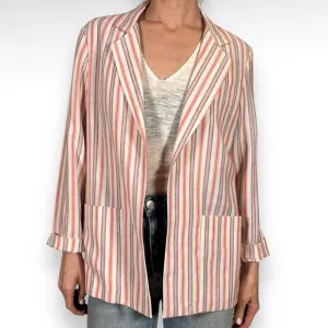 Vintage Striped Linen Blazer Pink White Blue Pastel Preppy Coastal Size Medium