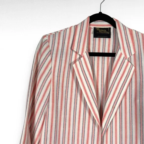 Vintage Striped Linen Blazer Pink White Blue Pastel Preppy Coastal Size Medium