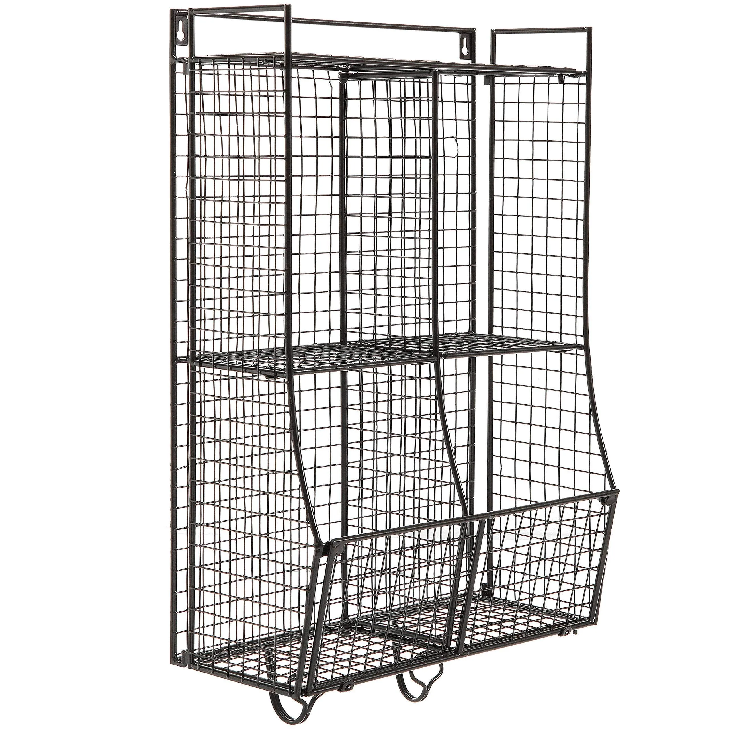 Wall Mounted/Collapsible Black Metal Wire Mesh Storage Basket Shelf Organizer Rack w/ 2 Hanging Hooks