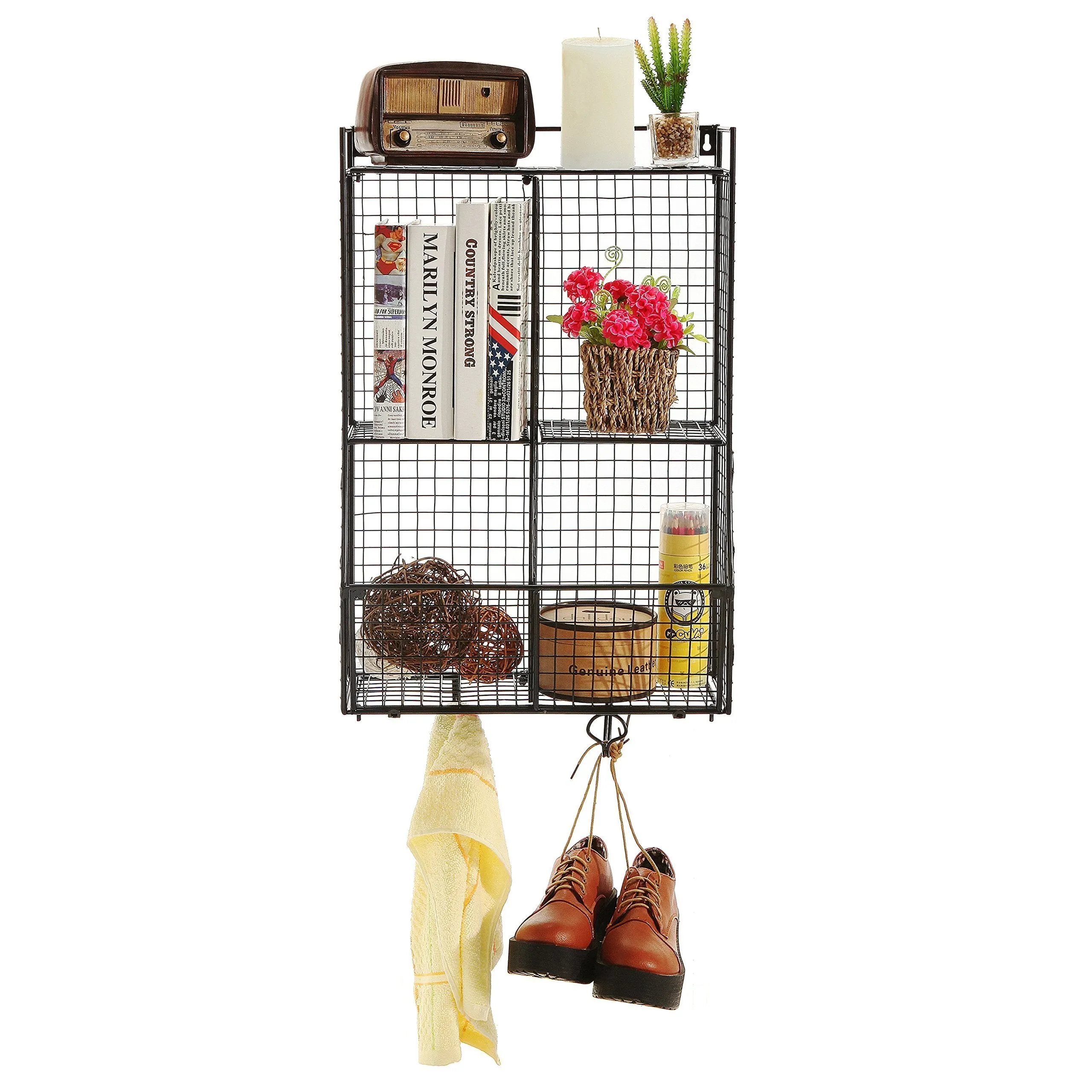 Wall Mounted/Collapsible Black Metal Wire Mesh Storage Basket Shelf Organizer Rack w/ 2 Hanging Hooks