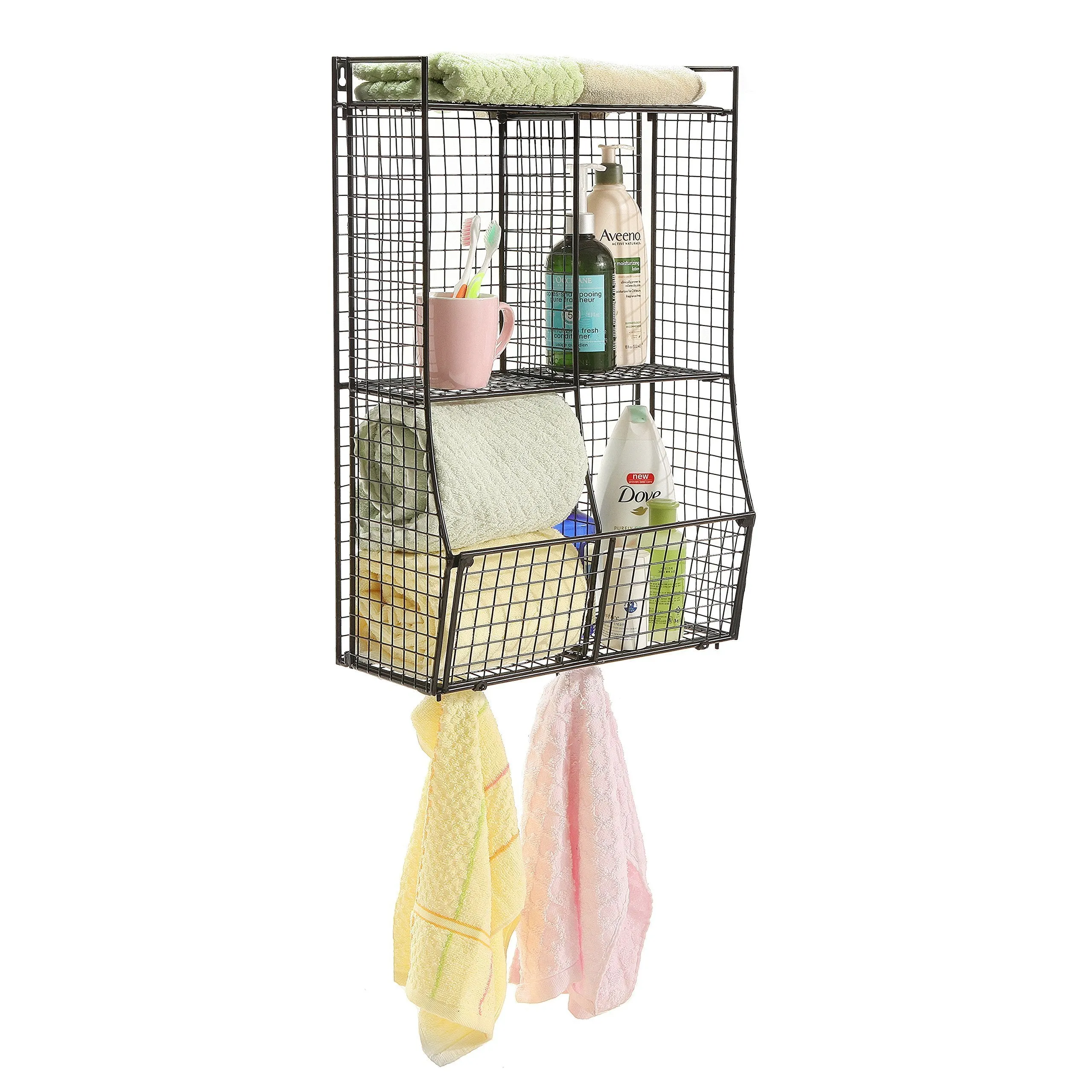 Wall Mounted/Collapsible Black Metal Wire Mesh Storage Basket Shelf Organizer Rack w/ 2 Hanging Hooks