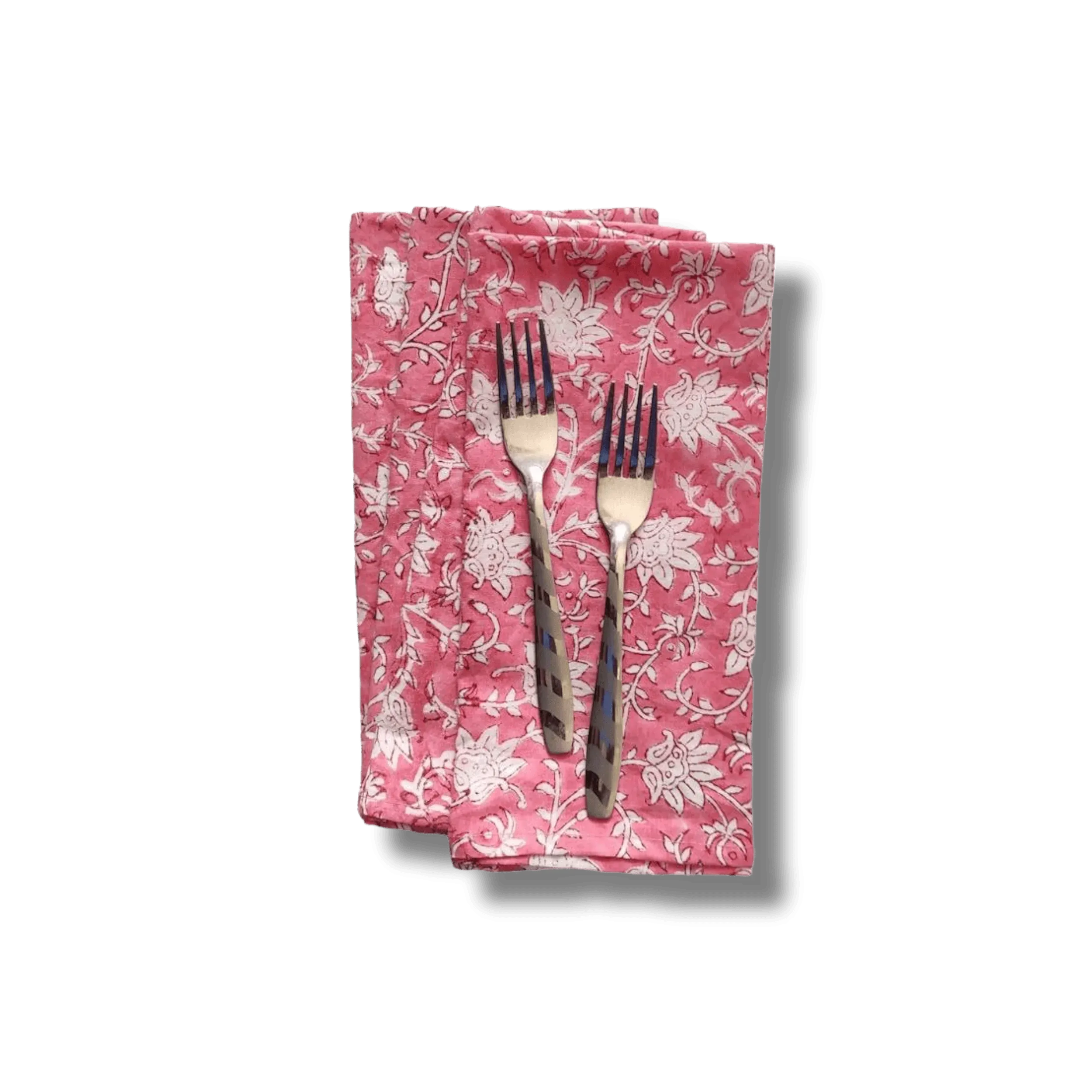 White and Pink Floral Block Printed Cotton Napkins