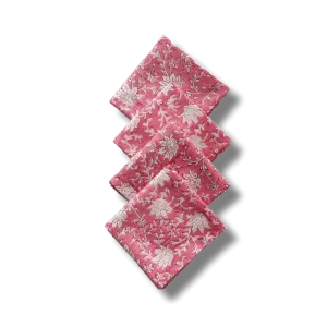 White and Pink Floral Block Printed Cotton Napkins