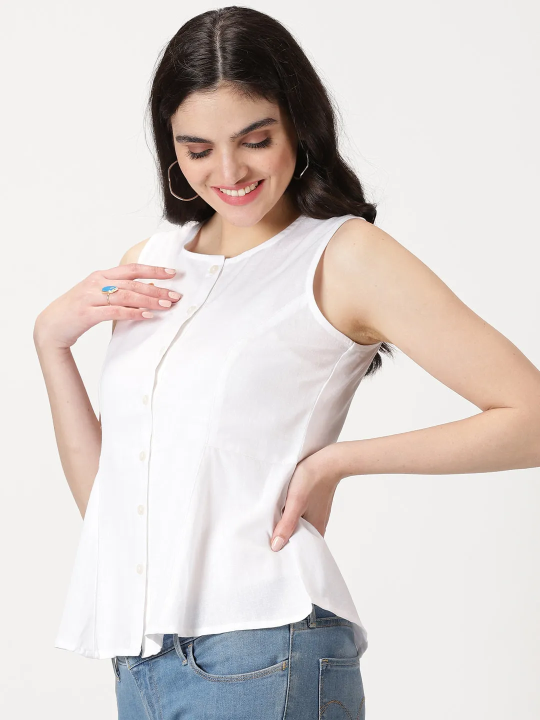 White Cotton Linen Button-Down A-Line Top