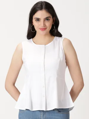 White Cotton Linen Button-Down A-Line Top