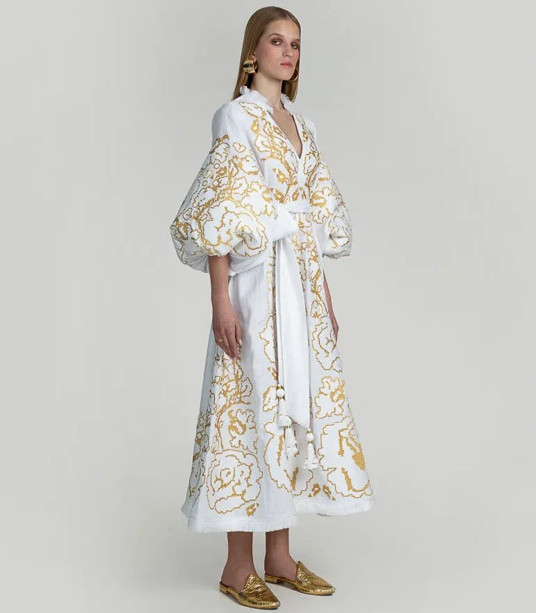 White kaftan with gold embroidery