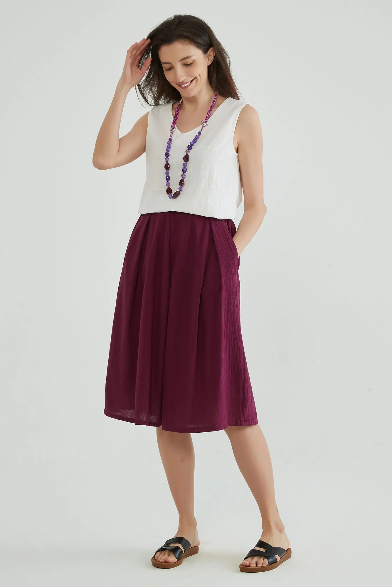 Wine Berry A Line Cotton Linen Skirt