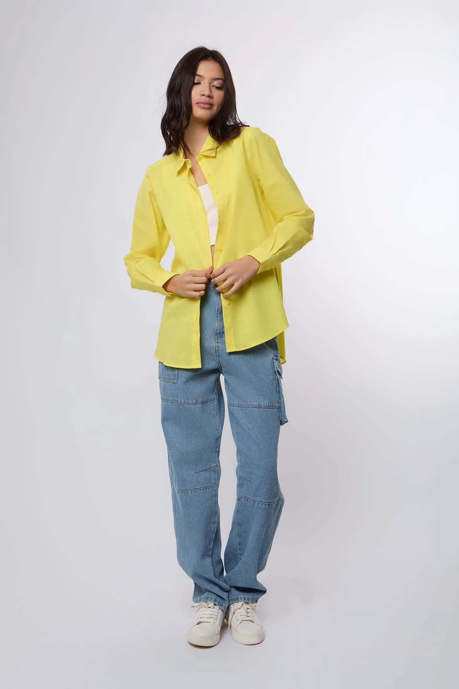 Women Blouse Basic Linen Long Sleeves Orange