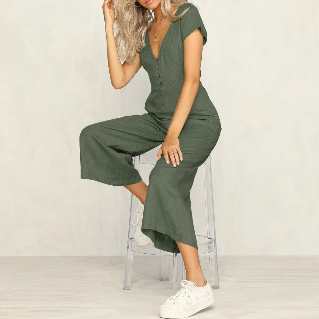 Women's Cotton And Linen Short Sleeve Jumpsuit