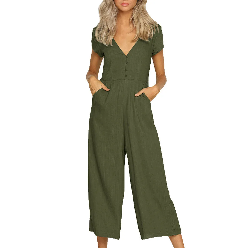 Women's Cotton And Linen Short Sleeve Jumpsuit