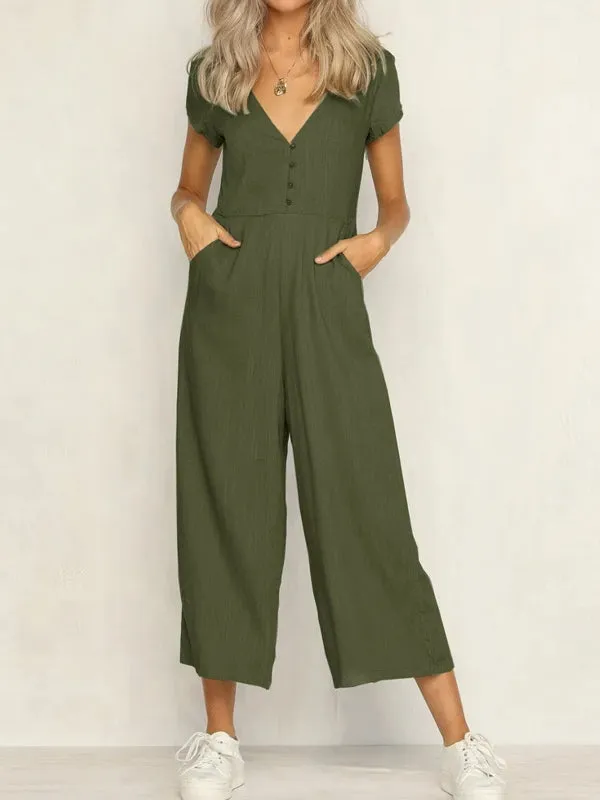 Women's Cotton And Linen Short Sleeve Jumpsuit