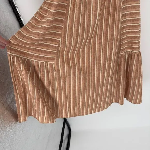 Wonderly XL Boho Prairie Midi Dress Brown Striped Linen Peasant Puff Sleeve