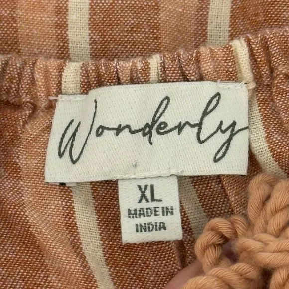 Wonderly XL Boho Prairie Midi Dress Brown Striped Linen Peasant Puff Sleeve