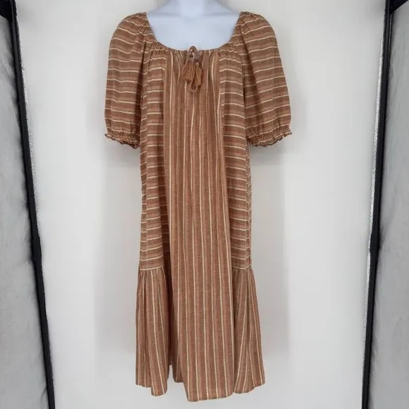 Wonderly XL Boho Prairie Midi Dress Brown Striped Linen Peasant Puff Sleeve