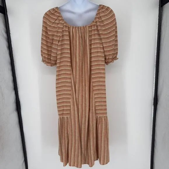 Wonderly XL Boho Prairie Midi Dress Brown Striped Linen Peasant Puff Sleeve