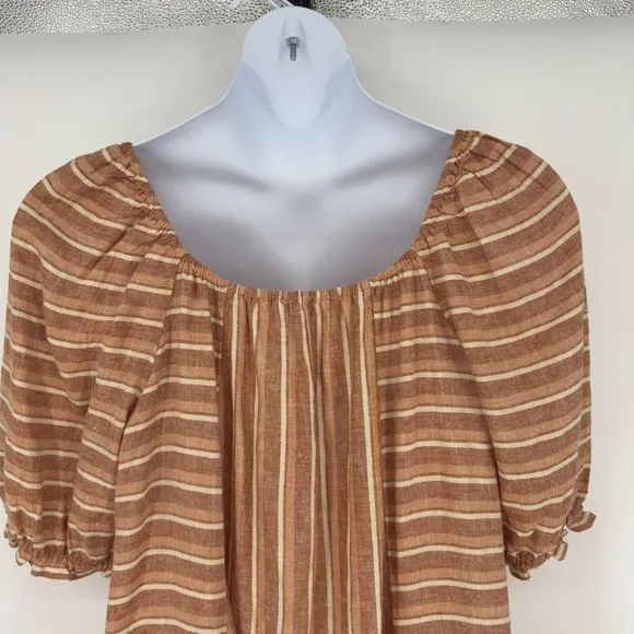 Wonderly XL Boho Prairie Midi Dress Brown Striped Linen Peasant Puff Sleeve