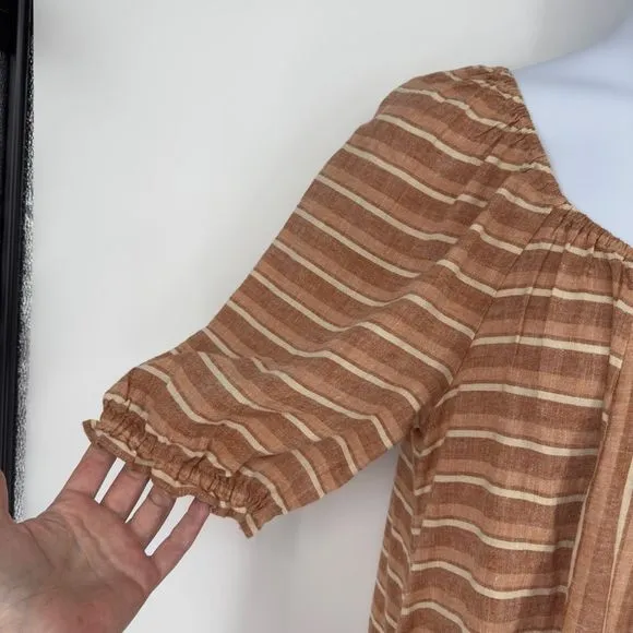 Wonderly XL Boho Prairie Midi Dress Brown Striped Linen Peasant Puff Sleeve