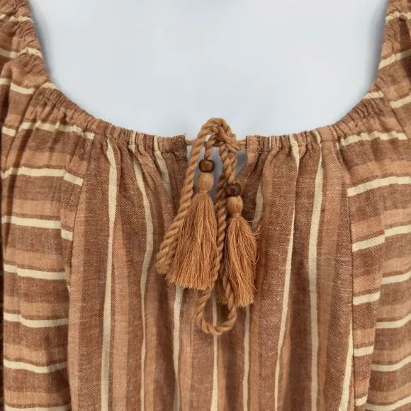 Wonderly XL Boho Prairie Midi Dress Brown Striped Linen Peasant Puff Sleeve