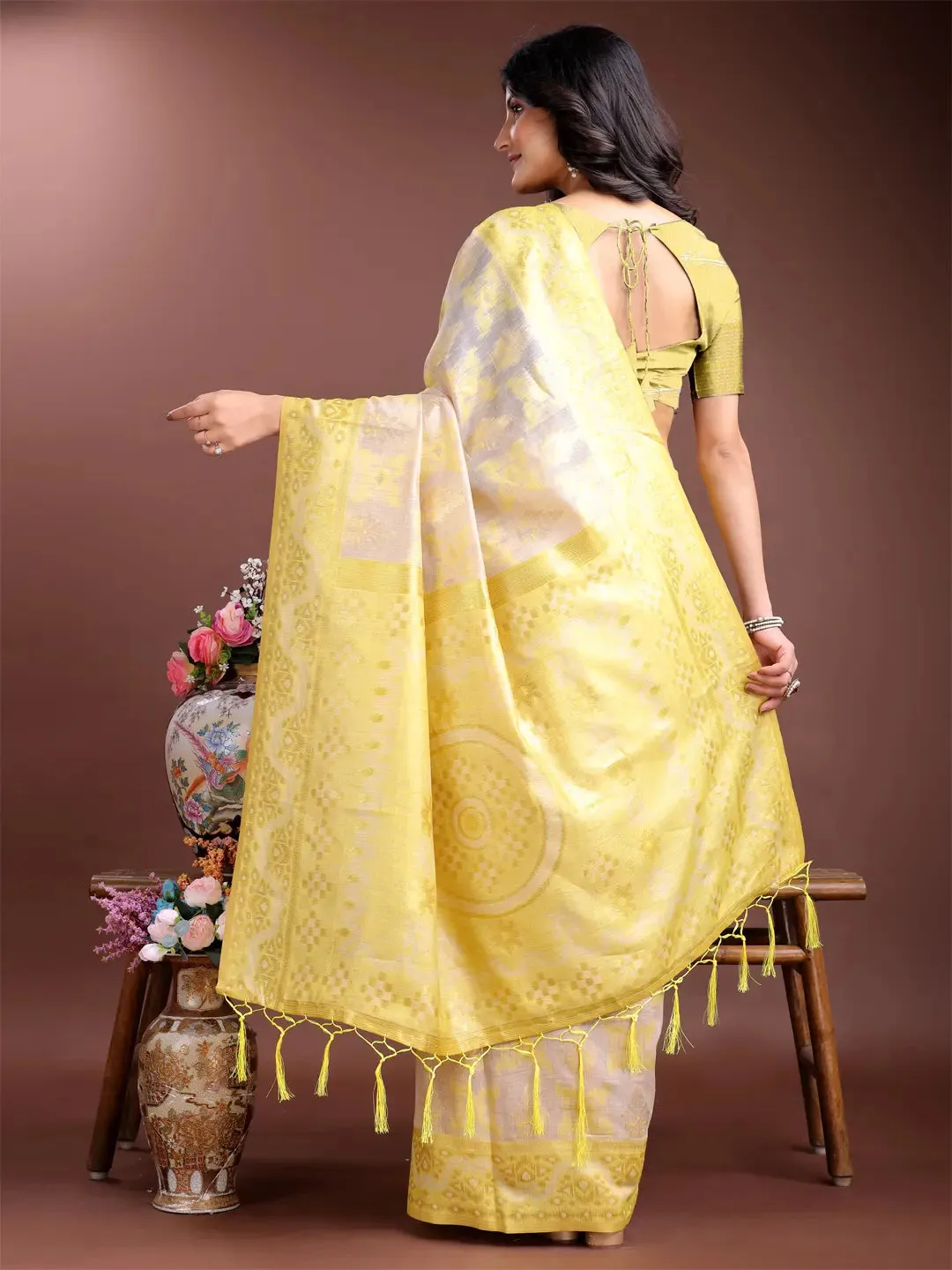 Yellow Linen Cotton Saree