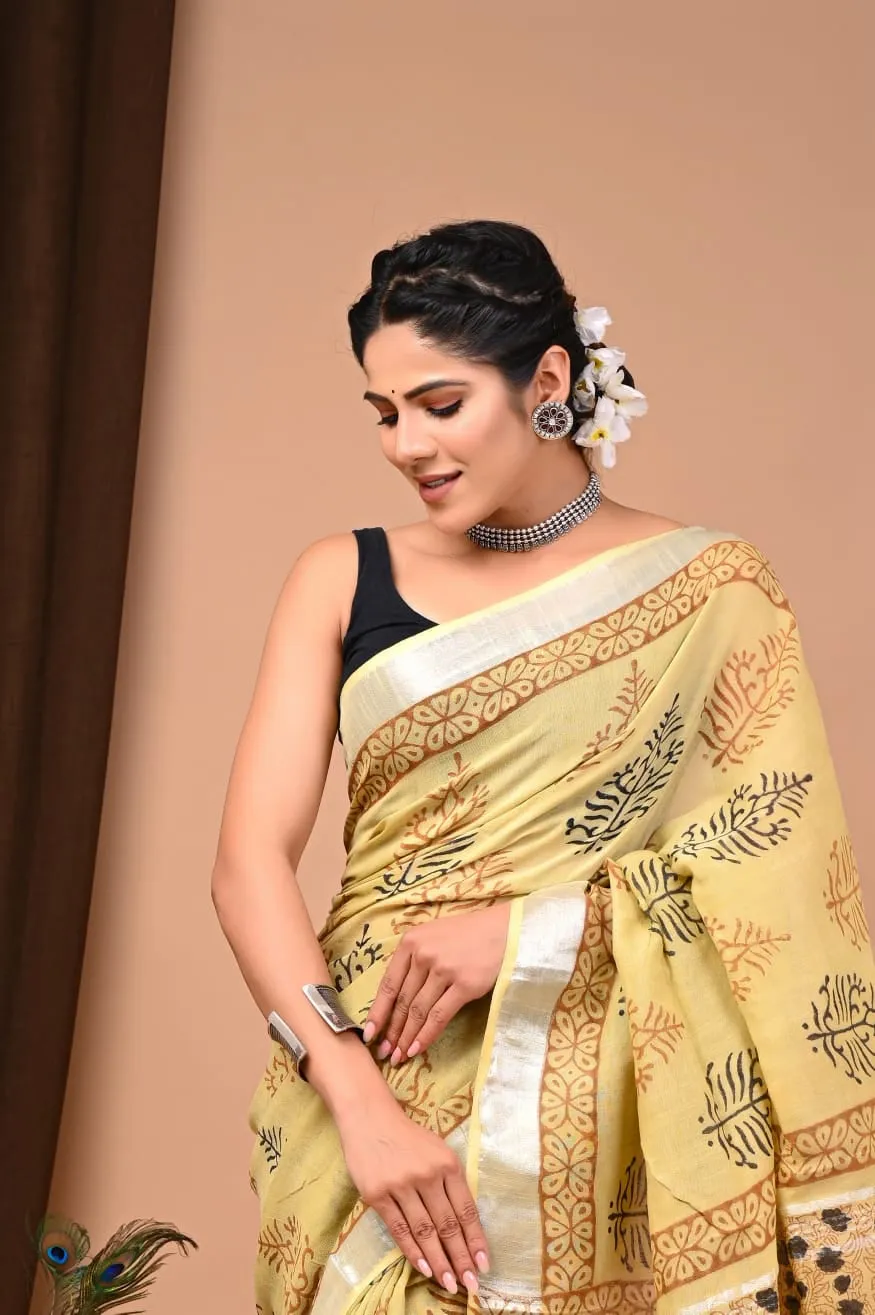 Yellow Linen Cotton Saree