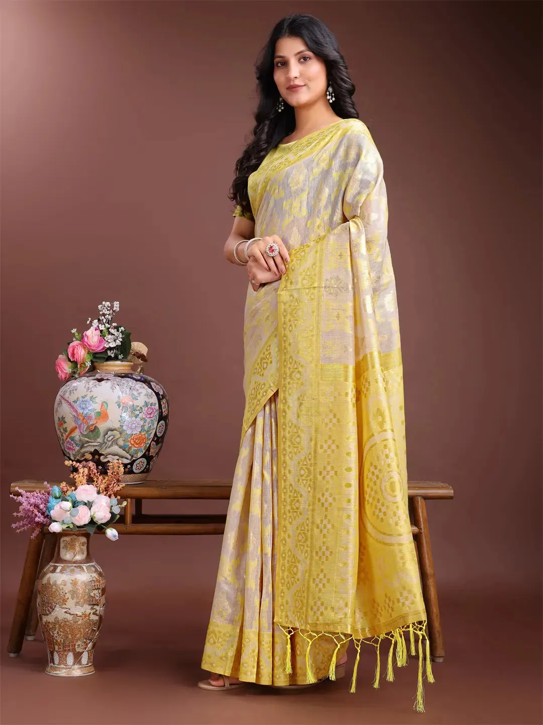 Yellow Linen Cotton Saree