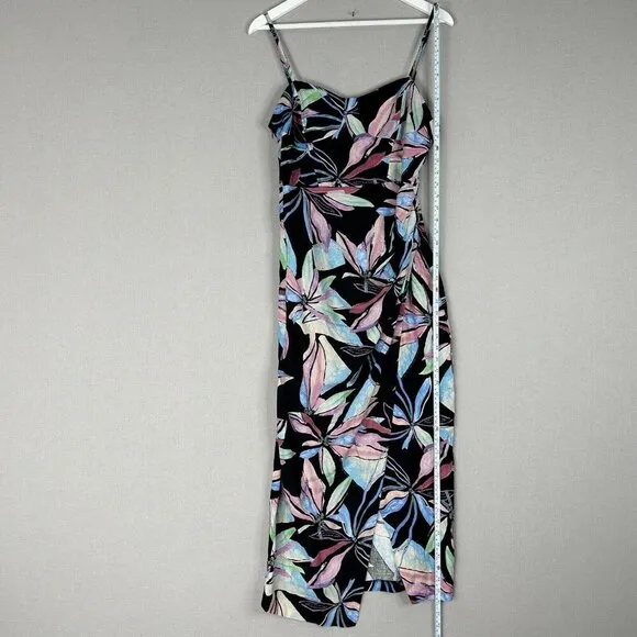 Zara Womens Dress Medium Black Linen Midi Tropical Resort Beach Gathered Side