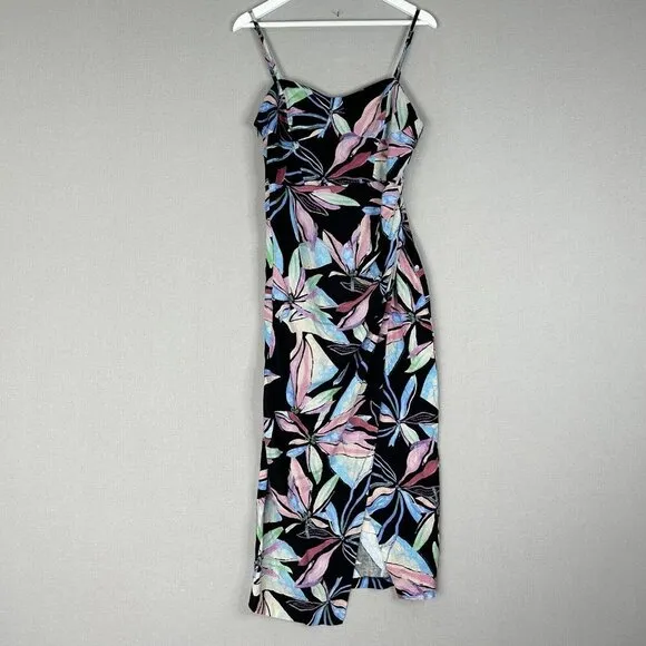 Zara Womens Dress Medium Black Linen Midi Tropical Resort Beach Gathered Side