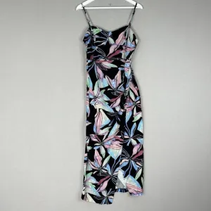 Zara Womens Dress Medium Black Linen Midi Tropical Resort Beach Gathered Side