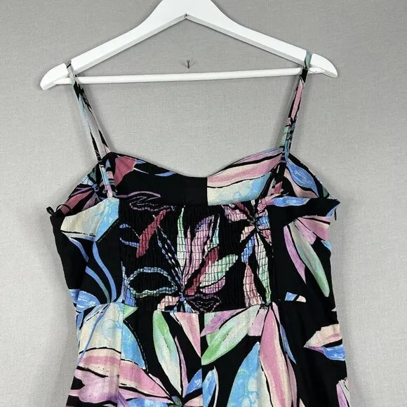 Zara Womens Dress Medium Black Linen Midi Tropical Resort Beach Gathered Side