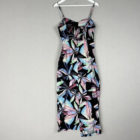 Zara Womens Dress Medium Black Linen Midi Tropical Resort Beach Gathered Side